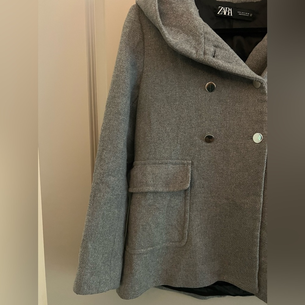 Zara hood double breast wool hooded jacket grey size small - Picture 4 of 12